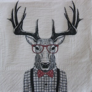 2 oder 4 Stück Papierservietten für Decoupage, lustige Hirsch Torso mit kariertem Hemd, Fliege und Brille auf weißem Hintergrund, Hirsch Decoupage