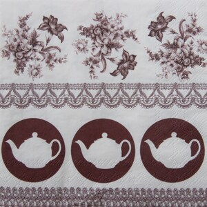 2 of 4 stuks papieren servetten, bruine theepot, bloemen en kantpatroon op witte achtergrond, decoupage servetten Tea Time, decoupage servet Tea Lover