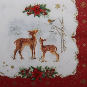 Tovaglioli di carta da 2 o 4 pezzi per decoupage, coppia di caprioli in inverno, ramo con cinciallegra in cornice natalizia rossa con stelle di Natale e pigne