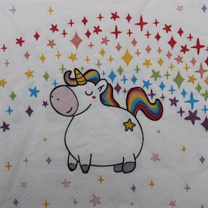 2 oder 4 Stück Papierservietten für Decoupage, gemütliches Einhorn auf weißem Hintergrund mit Sternen Regenbogen, Decoupage-Servietten für Kinder, Sammelalbum