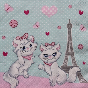 2- of 4-delige papieren servetten voor decoupage, twee witte katten in Parijs op gestippelde mintgroene achtergrond met harten en vlinders, decoupage katten