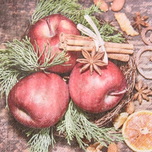 2 o 4 servilletas de papel para manualidades, composición invernal con manzanas, ramas de canela, ramitas y rodajas de cítricos secos sobre fondo de tablas