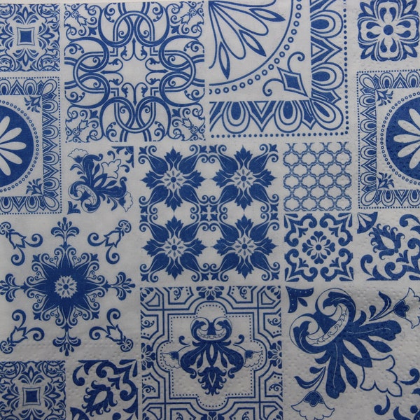 Tovaglioli di carta da 2 o 4 pezzi per artigianato, modello di piastrelle mediterranee blu e bianche, tovagliolo per decoupage, creazione di carte, effimeri per decoupage