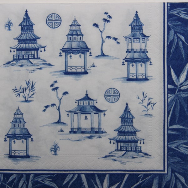 2 or 4 Pcs Paper Napkins For Crafting , Blue & White Asian Pagodas Pattern , Decoupage Napkin , Card Making Paper , Blue White Ephemera