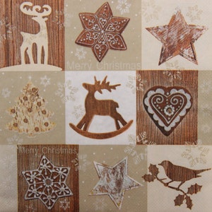 2 oder 4 Stück Papierservietten zum Basteln, Weihnachtsstimmung Dekor Collage Rahmen, Lebkuchen, Rentier, Holzsterne und Zapfen Decoupage Serviette