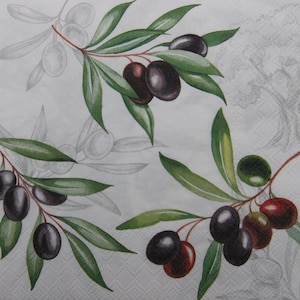 2 oder 4 Stück Papierservietten zum Basteln, schwarze Olivenzweige auf weißem Hintergrund mit grauen Grafiken, Decoupage-Servietten, Olivenbaum-Servietten