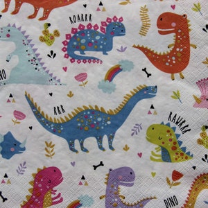 Servilletas de papel de 2 o 4 piezas para decoupage, dinosaurios coloridos con inscripciones de gruñidos sobre fondo blanco, servilletas de decoupage para niños