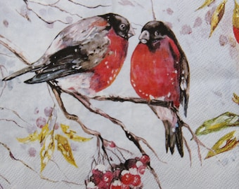 Robin Birds Paper Napkins for Decoupage, Winter Berries (2 or 4 Pcs)