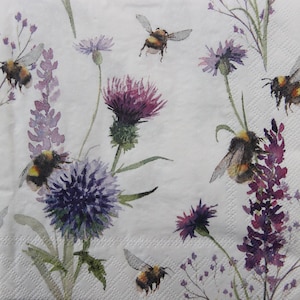 2 oder 4 Stück Papierservietten für Decoupage, Hummeln, Disteln Und Lavendel Auf Weißem Hintergrund, Insekt Decoupage Servietten, Hummeln Collagen