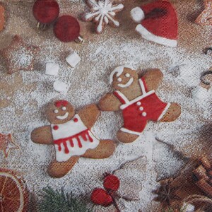 2 o 4 servilletas de papel para manualidades, hombrecito y niña de jengibre navideños con malvaviscos, adornos rojos, rodajas de frutos secos y azúcar en polvo