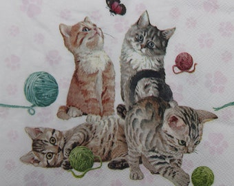 Kittens with Yarn Balls Paper Napkins for Decoupage (2 or 4 Pcs)