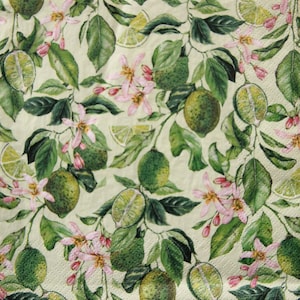 Tovaglioli di carta da 2 o 4 pezzi per artigianato, ramoscelli di lime senza cuciture con fiori su sfondo verde, tovaglioli per decoupage di agrumi, tovaglioli di frutta