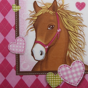 2 oder 4 Stück Papierservietten Für Decoupage, Papierservietten Für Decoupage, Pferdekopf Mit Herzen Und Rosa Rauten Rand, Decoupage Servietten , Papierservietten Basteln