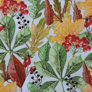 2- of 4-delige papieren servetten om te knutselen, oranje, groene, rode herfstbladeren en bessen op hemelsblauwe achtergrond, collage-decoupageservetten
