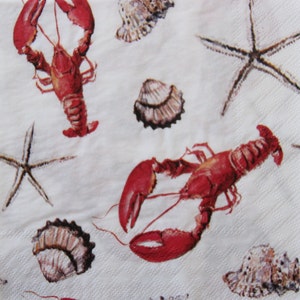 2- of 4-delige papieren servetten voor decoupage, rode kreeften, beige zeesterren en schelpencollage op witte achtergrond, Sealife-decoupageservetten