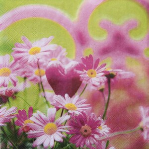 2 oder 4 Stück Papierservietten zum Basteln, rosa Gänseblümchen mit Herz Dekor auf grünem Hintergrund, Valentines Decoupage Servietten, Decoupage Gänseblümchen
