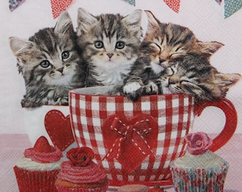 Kittens in Checkered Cup Paper Napkins for Decoupage (2 or 4 Pcs)