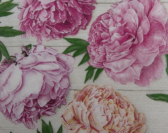 2 or 4 Pcs Paper Napkins For Crafting , Pink Peonies Heads On Beige Boards Background , Romantic Peonies Pattern , Peonies Decoupage Napkins