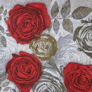 2 o 4 servilletas de papel para manualidades, collage de rosas rojas, doradas y grises con fondo de lunares, servilletas de rosas para decoupage, servilletas florales