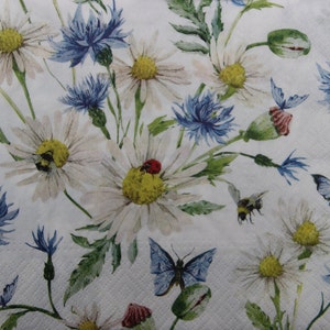 2 oder 4 Stück Papierservietten zum Basteln, Kornblumen, Gänseblümchen mit Schmetterlingen, Bienen und Marienkäfer auf weißem Hintergrund, Blumencollagen