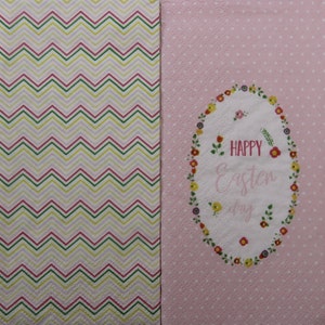2 or 4 Pcs Paper Napkins For Decoupage, Zig Zag Napkins & Small Flowers Wreath With Inscription Happy Easter Day on Dots Background, Collage