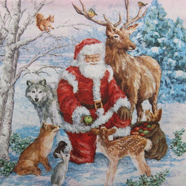 2 ou 4 serviettes en papier pour découpage, père Noël nourrissant des animaux sur fond de forêt enneigée, père Noël et animaux sauvages, cerf, loup, renard, écureuil