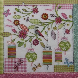 2 oder 4 Stück Papierservietten für Decoupage, gemalter blühender Zweig mit Vogel- und Gartenlaternen auf weißem Hintergrund und farbigem Rahmen, Handwerk
