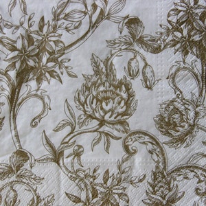 2 oder 4 Stück-Papierservietten für Decoupage, grafische goldene blühende Blumenzweige auf weißem Hintergrund, nahtlose Blumen-Servietten, Blumenverzierungen