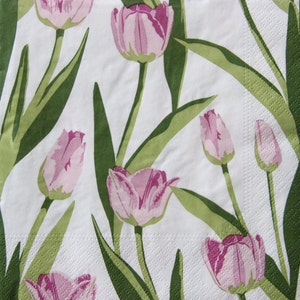 2 ou 4 serviettes en papier pour découpage, tulipes roses sur fond blanc, serviettes pour découpage printanier, découpage printanier, fleurs de printemps