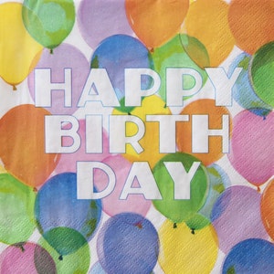 2 oder 4 Stück Papierservietten für Decoupage, bunte Luftballons auf weißem Hintergrund mit Inschrift alles Gute zum Geburtstag, Kinderparty Decoupage-Servietten