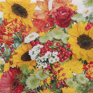 2 oder 4 Stück Papierservietten für Handwerk, Sonnenblumen, Feuerbälle, Astern, Rosen und Beeren Arrangement Muster, Herbstblumen Decoupage Servietten
