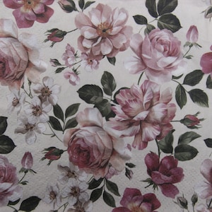 2 of 4 stuks papieren servetten voor ambacht, pastelkleurige roze en creme rozen op beige achtergrond, rozencollages, romantische decoupage servetten