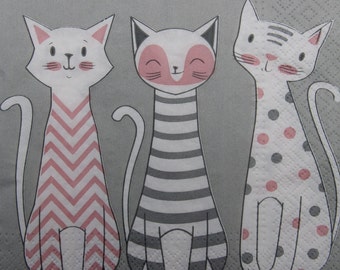 Chevron, Stripes, Dots Cats Paper Napkins for Decoupage (2 or 4 Pcs)