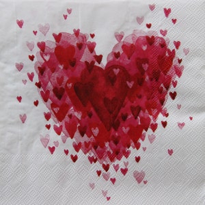 Tovaglioli di carta da 2 o 4 pezzi per artigianato, cuore rosso di cuori su sfondo bianco, tovaglioli con cuori per decoupage, tovaglioli per decoupage di San Valentino