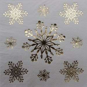 Servilletas de papel de 2 o 4 piezas para la elaboración, copos de nieve con acento dorado sobre fondo blanco, decoupage navideño, servilletas de decoupage de copos de nieve