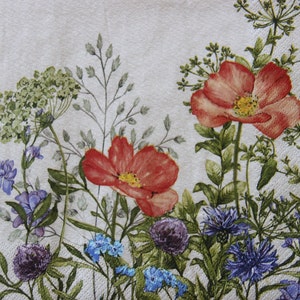 2 oder 4 Stück Papierservietten zum Basteln, Wiesenblumenmuster Auf beigem Hintergrund, Kräuterservietten Für Decoupage, Bastelservietten, Gästebuch