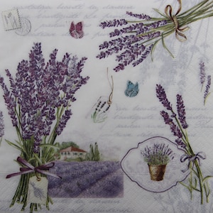 2- of 4-delige papieren servetten voor decoupage, paars lavendelveld, bos, pot, collage van tags en vlinders met script en postzegels