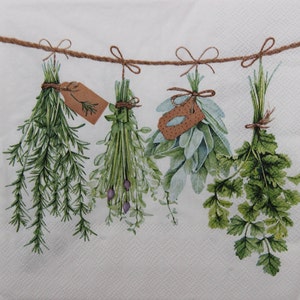 Tovaglioli di carta da 2 o 4 pezzi per decoupage, mazzi di erbe fresche su spago con etichette, collage di erbe verdi su bianco, tovaglioli di spezie naturali