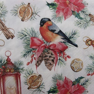 Tovaglioli di carta da 2 o 4 pezzi per decoupage, ornamenti natalizi, pettirossi, bastoncini di cannella, lanterne, stelle di Natale, coni con fiocchi su bianco