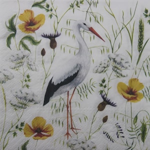 2 ou 4 serviettes en papier pour découpage, cigogne sur fond de fleurs des prés, serviettes pour découpage oiseau, scrapbooking, tenue de journal, serviettes artisanales