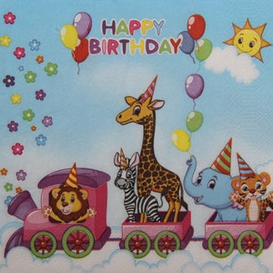 Tovaglioli di carta da 2 o 4 pezzi per decoupage, accessori per feste in treno con animali della giungla e scritta Happy Birthday su sfondo azzurro