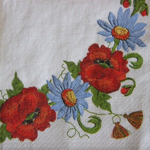 2 ou 4 serviettes en papier pour travaux manuels, guirlande de fleurs brodées sur fond lin, serviettes pour découpage, serviettes fleurs d'été
