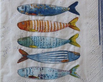 2 or 4 Pcs Paper Napkins For Decoupage , Colored Fish Pattern On White Background , Colored Herring Napkin , Sealife Decoupage , Collages