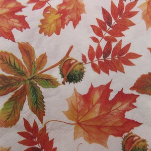 2 o 4 servilletas de papel para manualidades, hojas de castaño naranja, verde, rojo, hojas de serbal y arce y castañas sobre fondo blanco