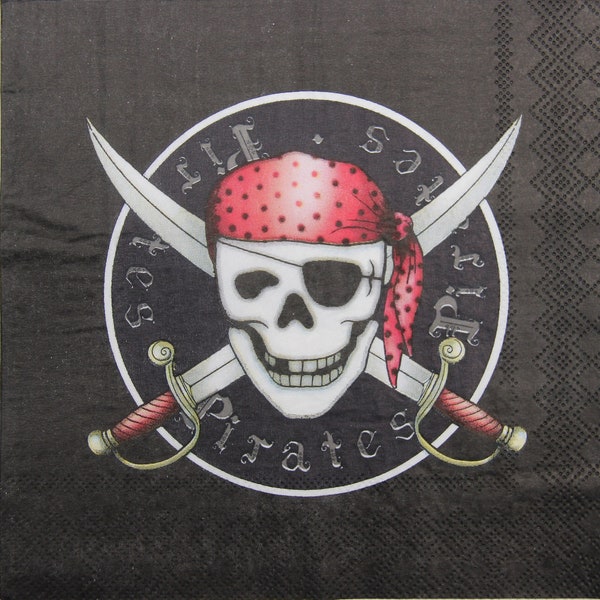 2 or 4 Pcs Paper Napkins For Crafting, Skull Pirate With Swords In Circle And Inscription Pirates On Black Background, Napkins For Decoupage