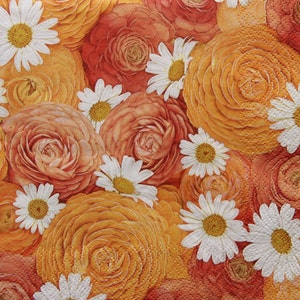 2 ou 4 serviettes en papier pour découpage, motif renoncules oranges et marguerites, motif renoncules oranges, fleurs renoncules