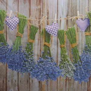 2 ou 4 serviettes en papier pour découpage, bouquets de lavande et coeurs en peluche Vichy cloutés sur ficelle, serviettes pour découpage Provence