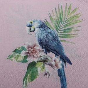 Servilletas de papel de 2 o 4 piezas para decoupage, pájaro guacamayo azul con hojas y flores tropicales sobre fondo ligeramente rosa, servilletas de decoupage de pájaros