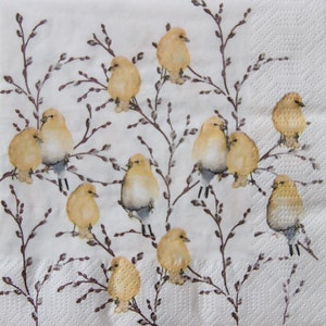 2 oder 4 Stück Papierservietten Für Decoupage, Gelbe Kanarien Auf Kätzchen Zweigen Auf Weißem Hintergrund, Ostern Decoupage Servietten, Skandinavische Servietten