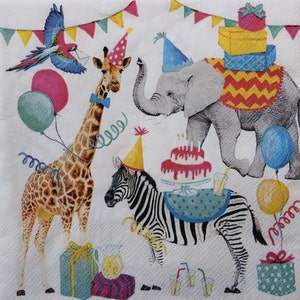 2 oder 4 Stück Papierservietten Für Decoupage, Dschungeltiere Mit Party Zubehör Auf Weiß, Giraffe, Elefant, Zebra, Papagei Decoupage Servietten
